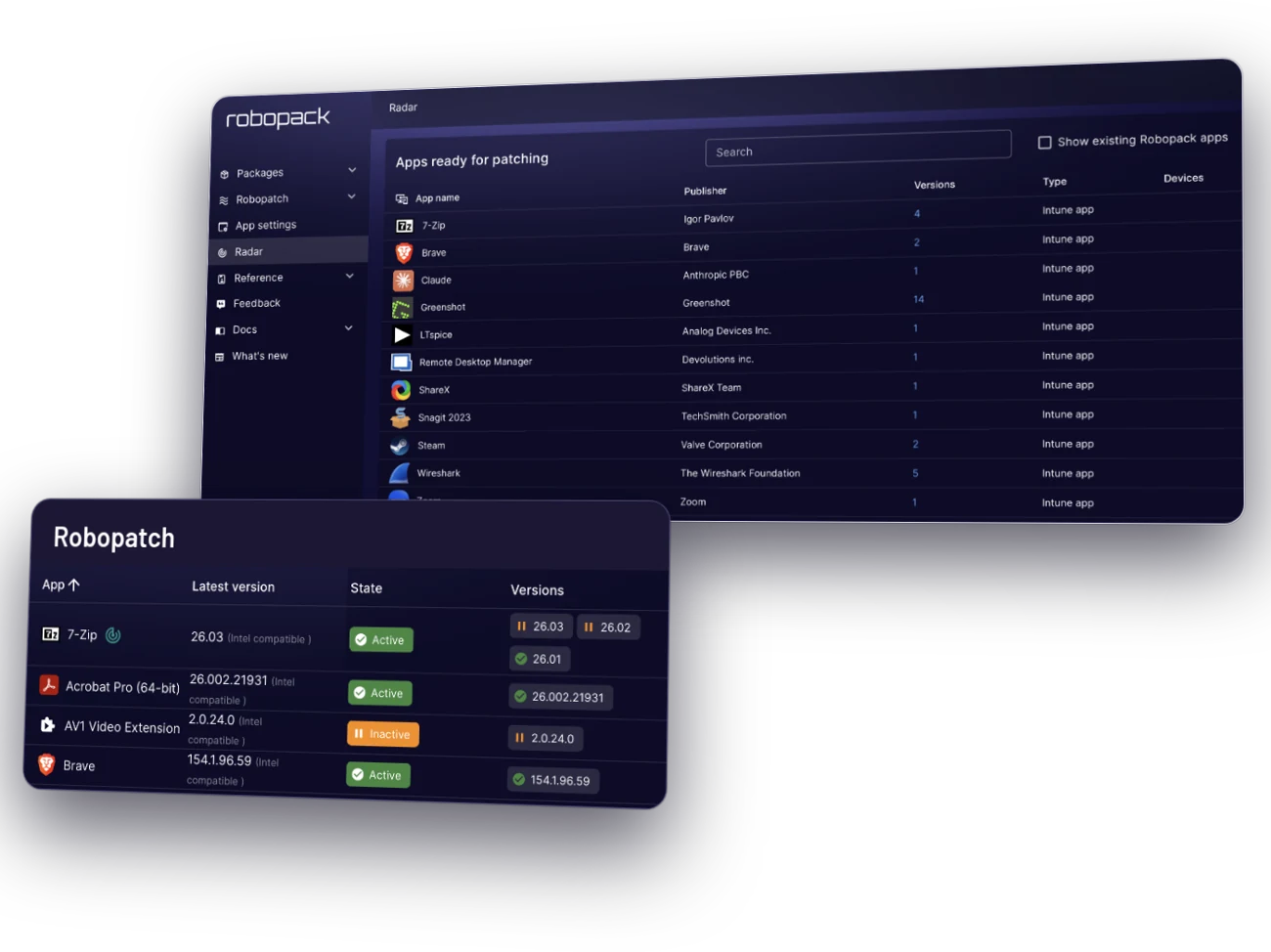 Robopack en action : Radar liste les applications du tenant prêtes à être patchées, et Robopatch affiche chaque application avec sa dernière version, son état et les versions déployées.