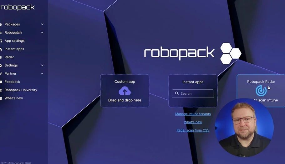 Title card for the Robopack Radar video: Be aware, discover, patch — the end of manual app patching as you know it.
