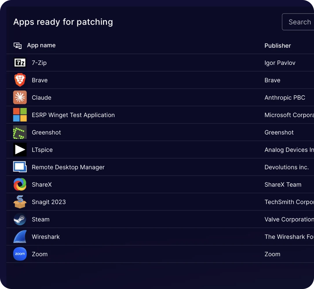 Tabellen Apps ready for patching i Robopack Radar med applikationer fundet på administrerede Intune-enheder – 7-Zip, Brave, Claude, Greenshot, LTspice, Remote Desktop Manager, ShareX, Snagit, Steam, Wireshark og Zoom – hver med sin udgiver.