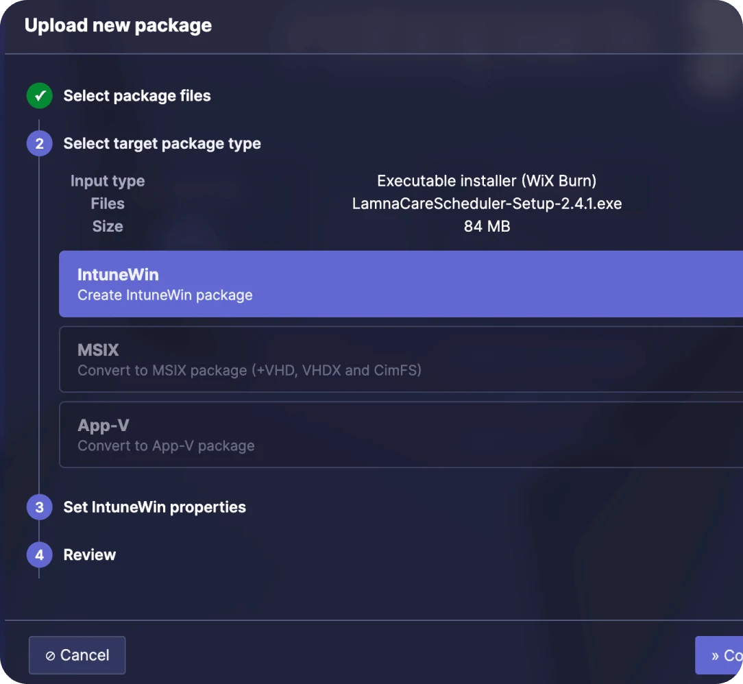 Robopacks guide Upload new package på trinnet Select target package type, der viser installer-teknologien, som automatisk er genkendt ud fra binærfilen som en WiX Burn-eksekverbar fil, filnavn og størrelse på 84 MB samt tre outputmuligheder: IntuneWin, MSIX med konvertering til VHD, VHDX og CimFS samt App-V.