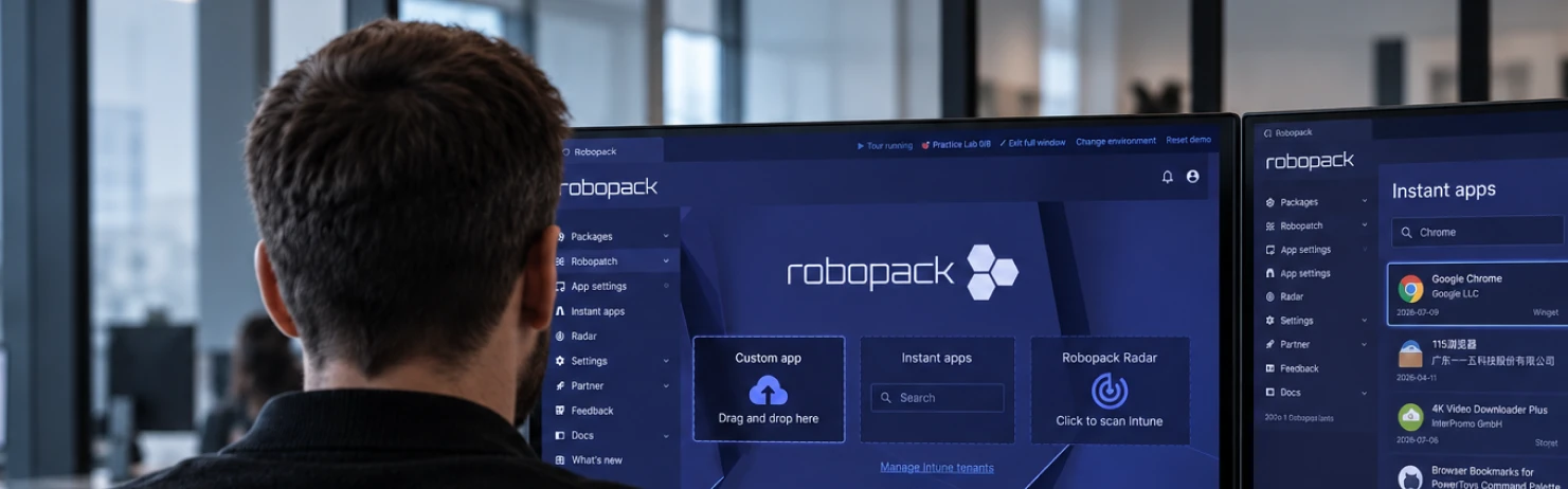 An IT administrator at a multi-monitor desk with the Robopack app catalog and Radar open on screen.