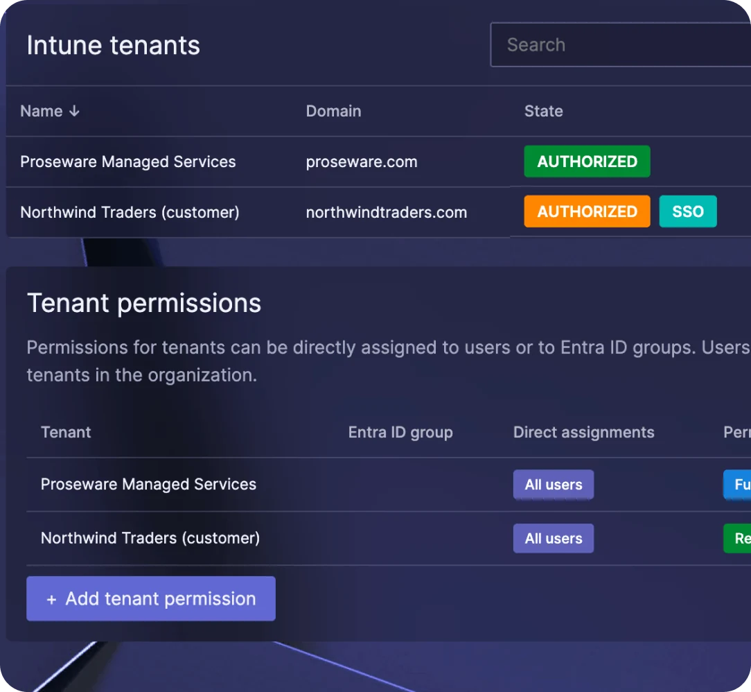 Robopacks indstillingsside Intune tenants med de forbundne tenants, deres domæne, forbindelsesstatus og antal enheder, over en tabel med tenant-tilladelser, der giver Read-, Write- og Config-rettigheder pr. tenant til enkelte brugere eller Entra ID-grupper.