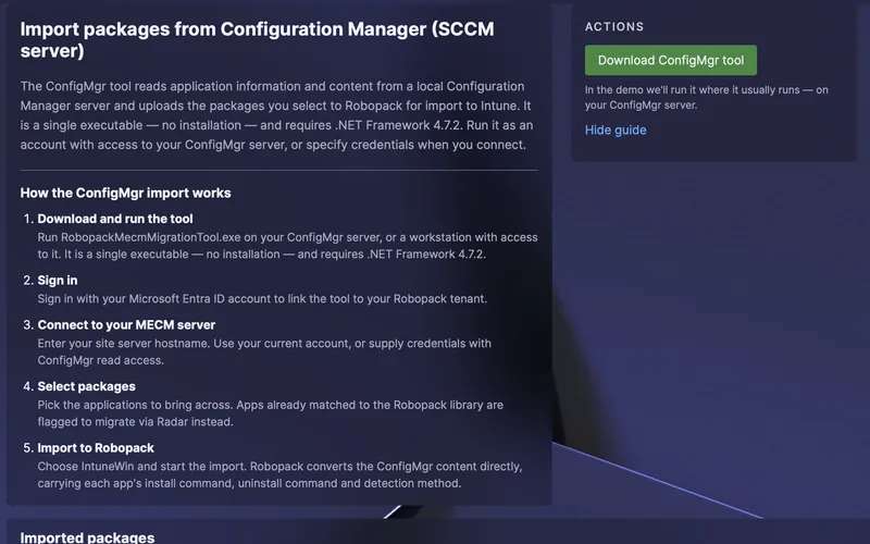 ConfigMgr-importsiden i Robopack-sandboxen, der i fem trin forklarer, hvordan migreringsværktøjet importerer pakker fra en Configuration Manager-server (SCCM) til Intune, med knappen Download ConfigMgr tool.