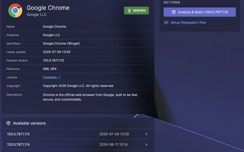Google Chrome-appsiden i Robopack-sandboxen, markeret som verificeret, med den nyeste version 150.0.7871.115, en liste over tilgængelige versioner og flowhandlingerne Analyze & Build og Setup Robopatch.