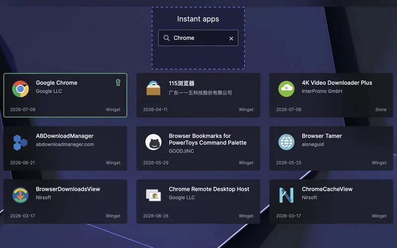 Instant apps-kataloget i Robopack-sandboxen med en søgning på Chrome: Google Chrome er valgt som verificeret WinGet-pakke ved siden af andre matchende apps som Chrome Remote Desktop Host og Browser Tamer.